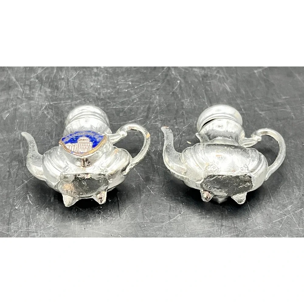 Vtg‎ Metal Silver Teapot Salt & Pepper Shakers 2